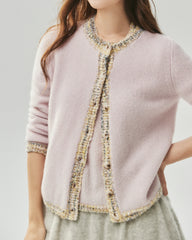 Kaschmir-Seide-Stricktop und Cardigan mit Tweed-Besatz