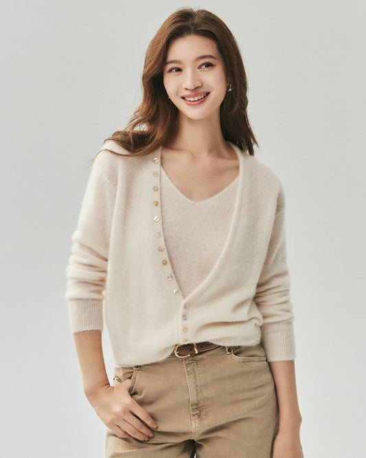 Kaschmir-Seide-Set mit V-Ausschnitt-Cardigan und Camisole