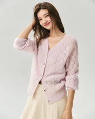 Kaschmir-Seiden-Cardigan mit V-Ausschnitt und Pointelle-Strick