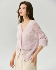 Kaschmir-Seiden-Cardigan mit V-Ausschnitt und Pointelle-Strick