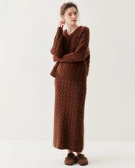Kaschmir-Woll Zopfstrick Pullover & Rock Set