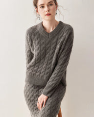 Kaschmir-Woll Zopfstrick Pullover & Rock Set