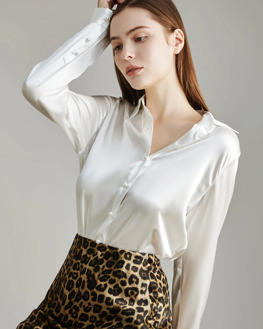 Klassisches Damen-Seidenhemd mit Perlmuttknöpfen Ivory