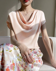 Kurzarm Seidenbluse Damen – Wasserfallausschnitt Elegant