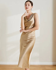 Ärmelloses Seiden Midikleid mit Wasserfallausschnitt