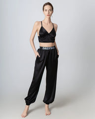 Damen-Seidenhose, elastische Taille, lockere Füßeinfassung, gefalteter Bund