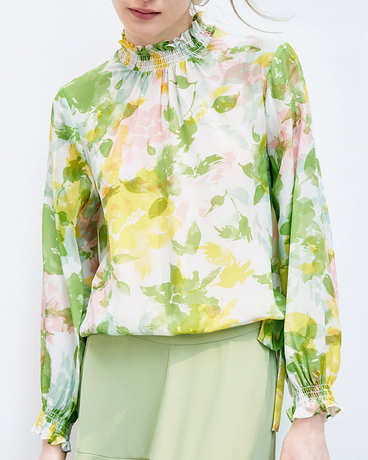 Seidenbluse mit Rüschen und Blumenmuster