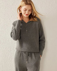 Kaschmir-Sweater mit Kapuze und V-Ausschnitt