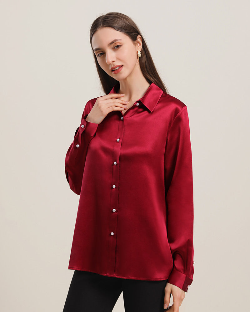 Klassisches Damen-Seidenhemd mit Perlmuttknöpfen Burgundy