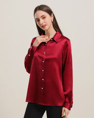 Klassisches Damen-Seidenhemd mit Perlmuttknöpfen Burgundy