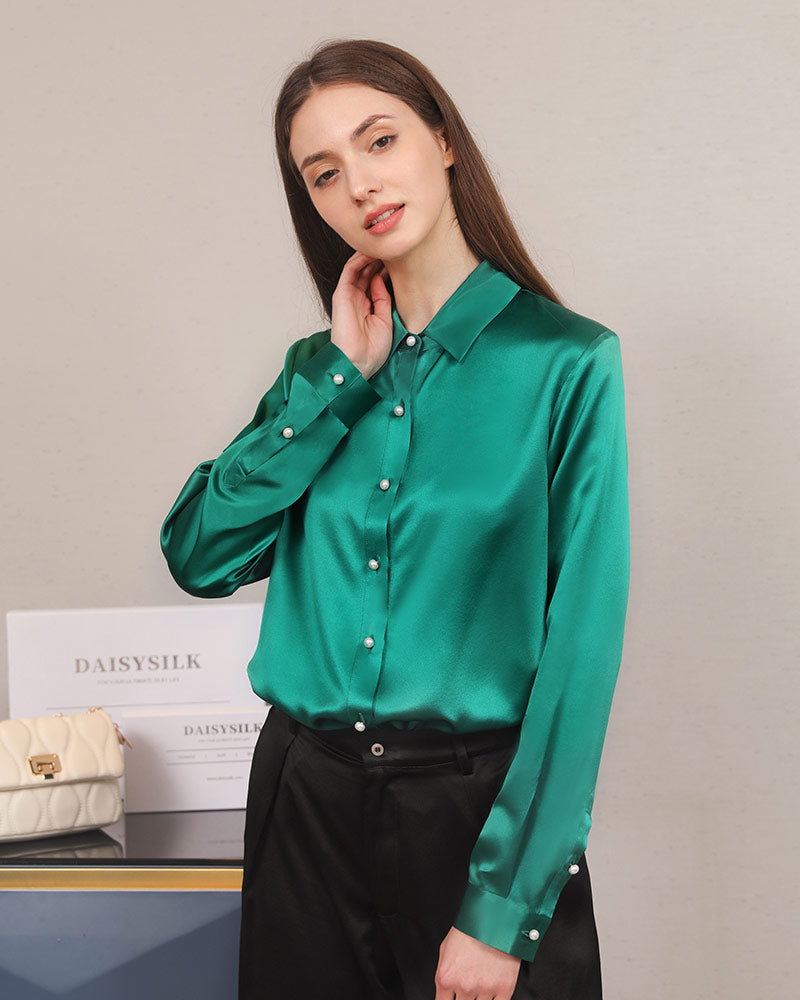 Klassisches Damen-Seidenhemd mit Perlmuttknöpfen Dark Green