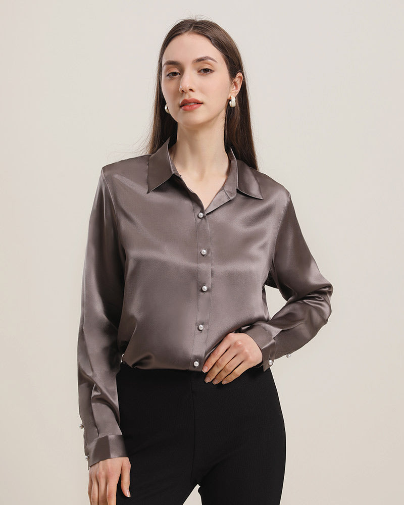 Klassisches Damen-Seidenhemd mit Perlmuttknöpfen Dark Grey