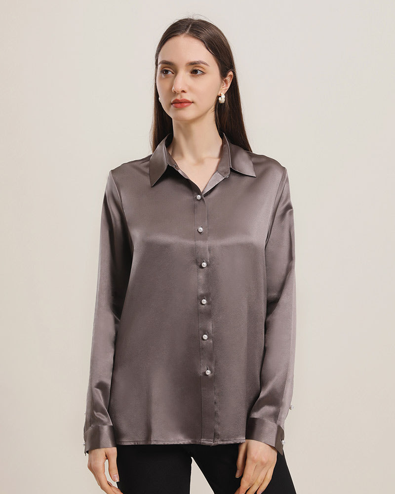 Klassisches Damen-Seidenhemd mit Perlmuttknöpfen Dark Grey