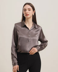 Klassisches Damen-Seidenhemd mit Perlmuttknöpfen Dark Grey