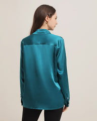 Klassisches Damen-Seidenhemd mit Perlmuttknöpfen Peacock Blue