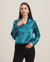 Klassisches Damen-Seidenhemd mit Perlmuttknöpfen Peacock Blue