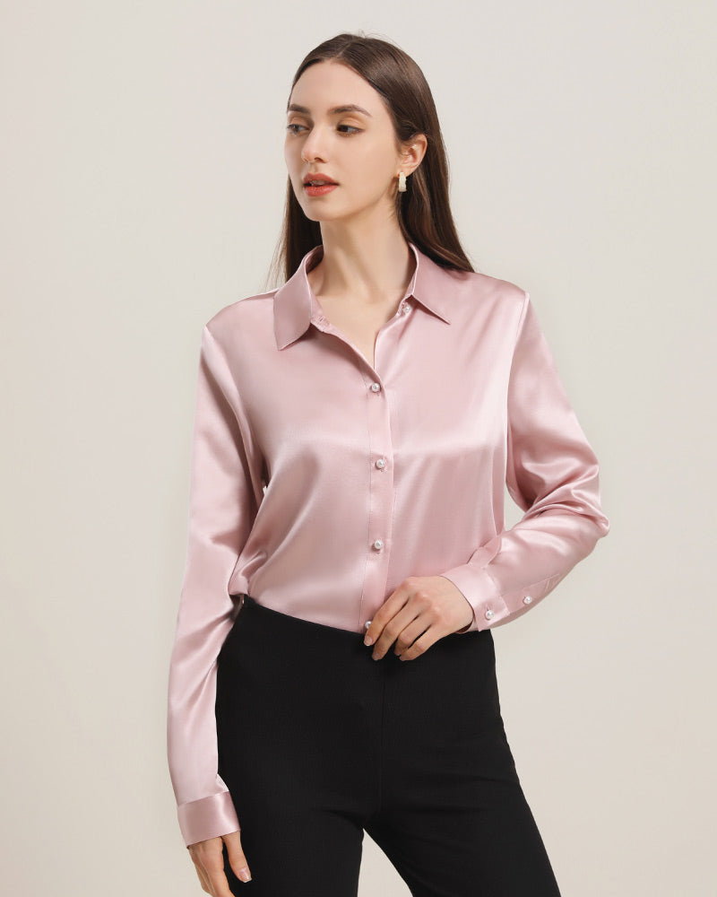 Klassisches Damen-Seidenhemd mit Perlmuttknöpfen Rose Pink