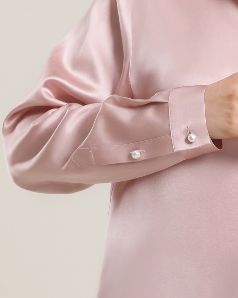 Klassisches Damen-Seidenhemd mit Perlmuttknöpfen Rose Pink