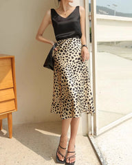 100% Seiden-Midi-Rock mit Leopard-Muster