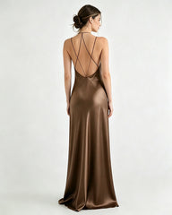Fließendes Triacetat-Maxikleid mit tiefem V-Ausschnitt