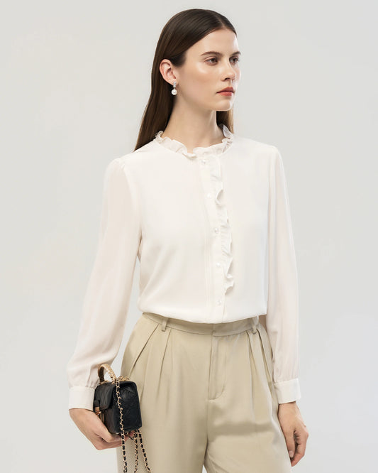 Langärmelige Seidenbluse mit Rüschendetail