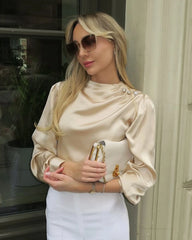 Stehkragen Seidenbluse Damen mit Perlenknopf Langarm