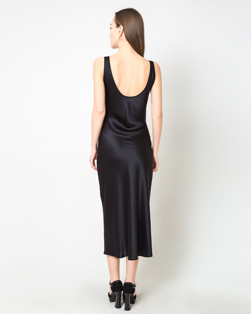 Seiden-Slip-Kleid in Midi Länge mit Tiefausschnitt Black