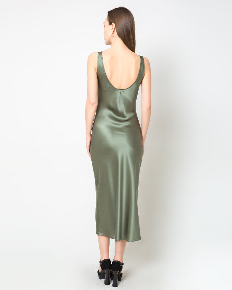 Seiden-Slip-Kleid in Midi Länge mit Tiefausschnitt Olive Green