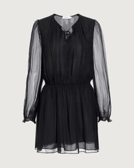 Seiden-Minikleid mit transparenten Ärmeln und Schleifenkragen
