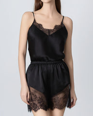 Kurzarmiges Seiden-Pyjama-Set mit Spitzen-Camisole