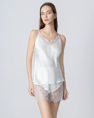 Kurzarmiges Seiden-Pyjama-Set mit Spitzen-Camisole