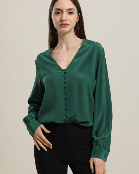 Damen Seidenbluse mit tiefem V-Ausschnitt und langen Ärmeln