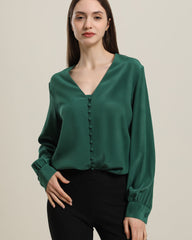 Damen Seidenbluse mit tiefem V-Ausschnitt und langen Ärmeln