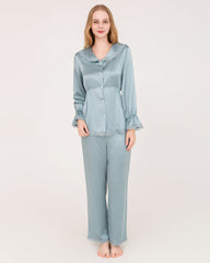22 Momme Seiden-Pyjamas-Set mit Häkel- und Wellblech-Ärmelabschlüssen