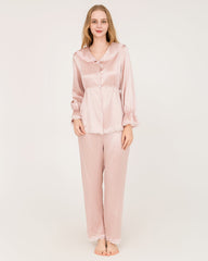 22 Momme Seiden-Pyjamas-Set mit Häkel- und Wellblech-Ärmelabschlüssen