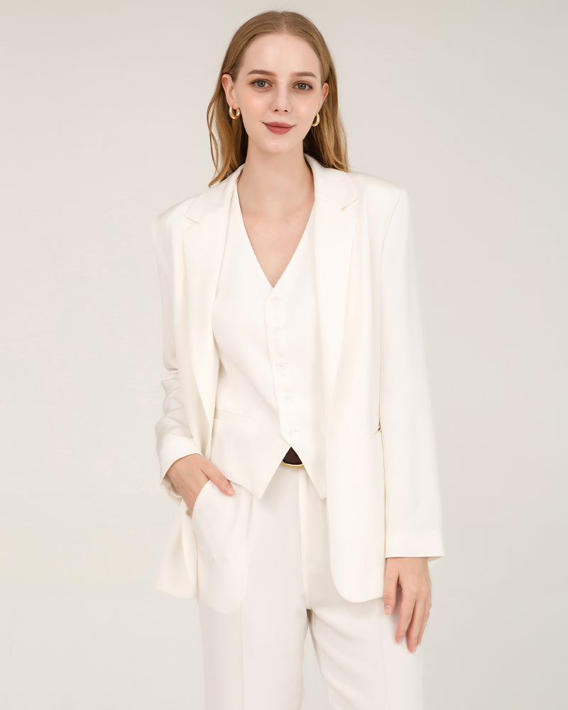 40 Momme Seiden-Blazer mit Spitzenkragen White