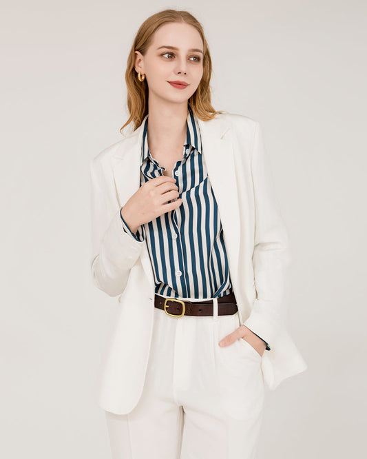 40 Momme Seiden-Blazer mit Spitzenkragen White