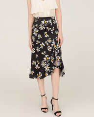 100% Seiden-Mittelrock mit Daisy-Druckmuster und asymmetrischer Saumlinie