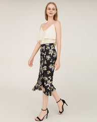 100% Seiden-Mittelrock mit Daisy-Druckmuster und asymmetrischer Saumlinie