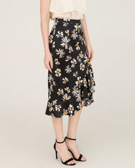 100% Seiden-Mittelrock mit Daisy-Druckmuster und asymmetrischer Saumlinie