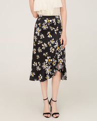 100% Seiden-Mittelrock mit Daisy-Druckmuster und asymmetrischer Saumlinie