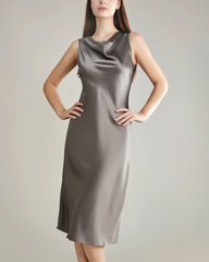 Seidenkleid mit asymmetrischem Wasserfall-Kragen Dark Grey