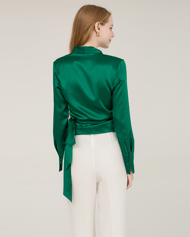 Elegantes, formschlankes, wickelbares Seiden-Bluse für Damen Dark Green