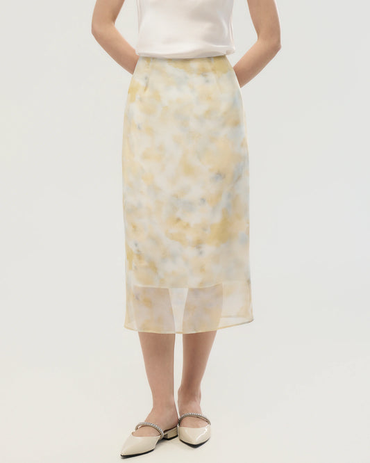 Seiden-Georgette Midirock mit Aquarell-Print