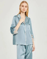 Seidenschlafanzug-Set mit Spitzenbesatz für Damen