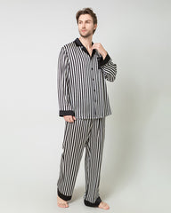 Männer Seiden-Pyjamas-Set mit Schwarz-Weiß-Streifenmuster