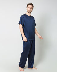 Männer Seiden-Schlafanzug-Set mit kurzen Ärmeln und Hosen