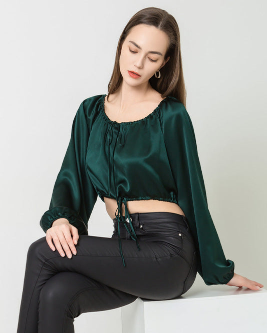 Damen Crop-Top Seidenbluse mit Laternenärmeln