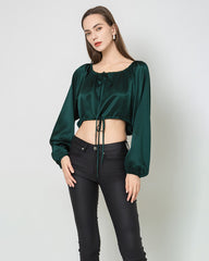 Damen Crop-Top Seidenbluse mit Laternenärmeln