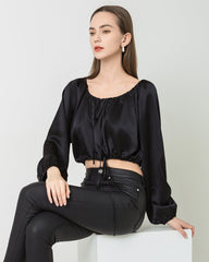 Damen Crop-Top Seidenbluse mit Laternenärmeln